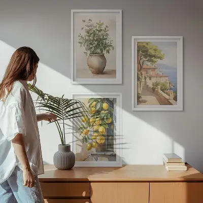 Conjunto de quadros para sala de estar flores num vaso e um mar de limões