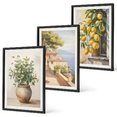 Conjunto de quadros para sala de estar flores num vaso e um mar de limões