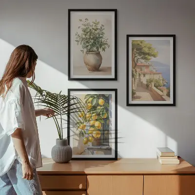 Conjunto de quadros para sala de estar flores num vaso e um mar de limões