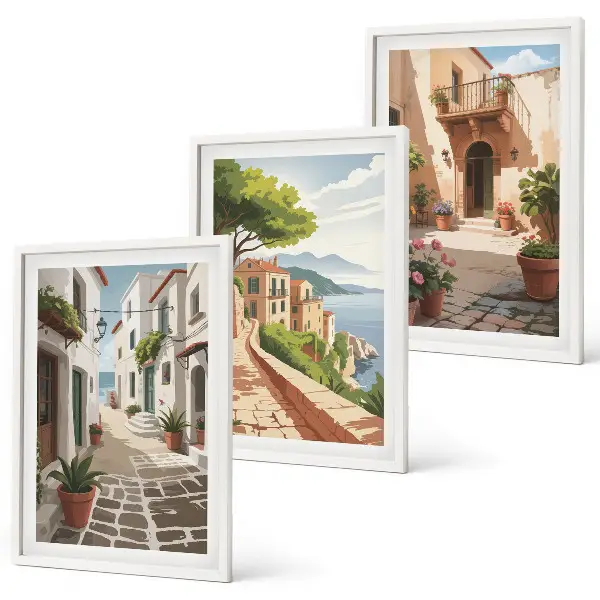 Conjunto de quadros decorativos para sala de estar com estampas de ruas casas plantas e vasos