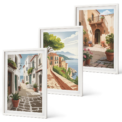Conjunto de quadros para sala de estar Ruas, casas, plantas, vasos