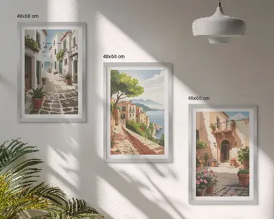 Conjunto de quadros decorativos para sala de estar com estampas de ruas casas plantas e vasos