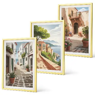 Conjunto de quadros decorativos para sala de estar com estampas de ruas casas plantas e vasos