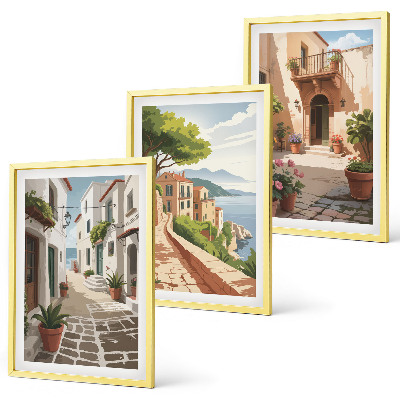 Conjunto de quadros para sala de estar Ruas, casas, plantas, vasos