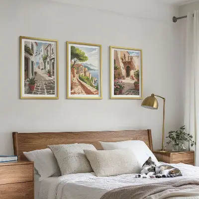 Conjunto de quadros decorativos para sala de estar com estampas de ruas casas plantas e vasos