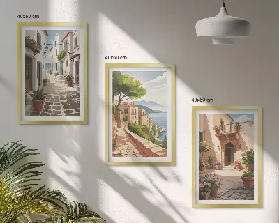 Conjunto de quadros decorativos para sala de estar com estampas de ruas casas plantas e vasos