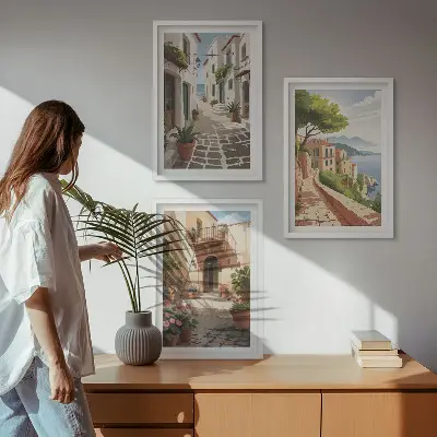 Conjunto de quadros decorativos para sala de estar com estampas de ruas casas plantas e vasos