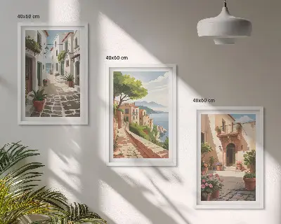 Conjunto de quadros decorativos para sala de estar com estampas de ruas casas plantas e vasos
