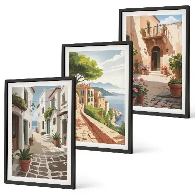 Conjunto de quadros decorativos para sala de estar com estampas de ruas casas plantas e vasos