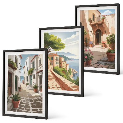Conjunto de quadros para sala de estar Ruas, casas, plantas, vasos
