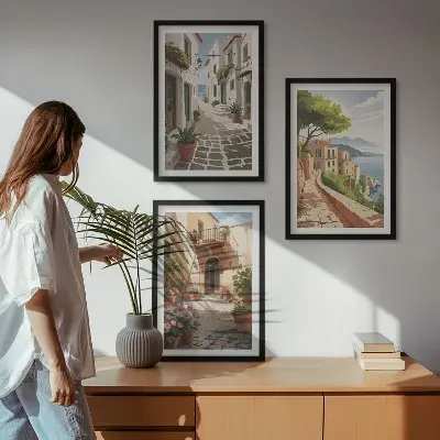 Conjunto de quadros decorativos para sala de estar com estampas de ruas casas plantas e vasos