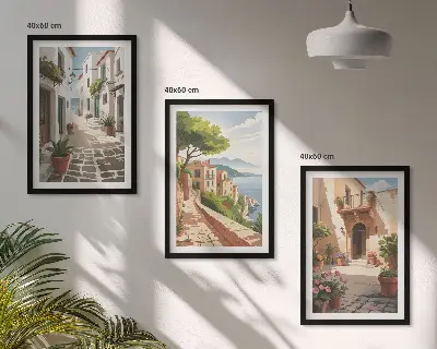 Conjunto de quadros decorativos para sala de estar com estampas de ruas casas plantas e vasos
