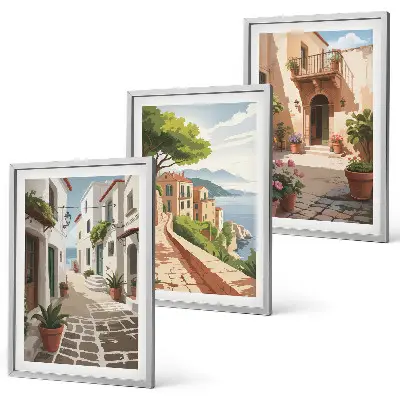 Conjunto de quadros decorativos para sala de estar com estampas de ruas casas plantas e vasos