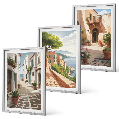 Conjunto de quadros para sala de estar Ruas, casas, plantas, vasos