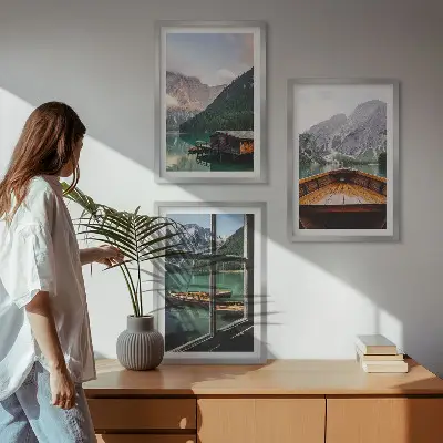 Composição de quadros moderna paisagem de casas de campo em lago de montanha