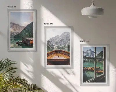 Composição de quadros moderna paisagem de casas de campo em lago de montanha