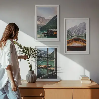 Composição de quadros moderna paisagem de casas de campo em lago de montanha