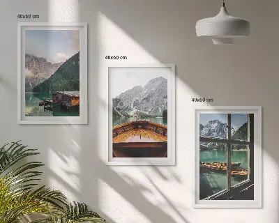 Composição de quadros moderna paisagem de casas de campo em lago de montanha