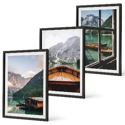Composição de quadros moderna paisagem de casas de campo em lago de montanha