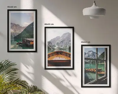 Composição de quadros moderna paisagem de casas de campo em lago de montanha