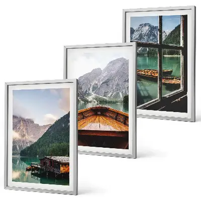 Composição de quadros moderna paisagem de casas de campo em lago de montanha