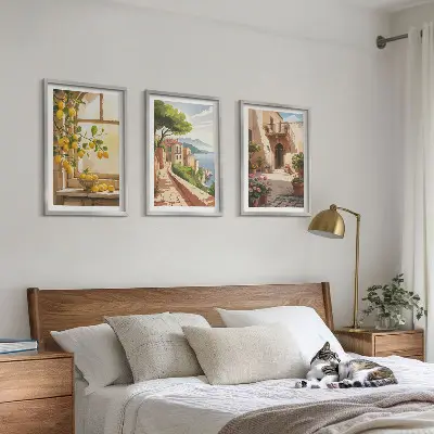 Conjunto de 3 quadros com moldura estampa de frutas cítricas em cozinha de cidade litorânea