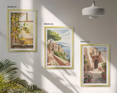 Conjunto de 3 quadros com moldura estampa de frutas cítricas em cozinha de cidade litorânea