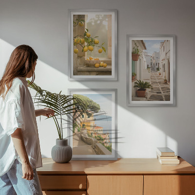 Conjunto de quadros para sala de estar Vista da janela com uma árvore cítrica