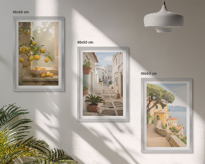 Conjunto de quadros para sala de estar Vista da janela com uma árvore cítrica
