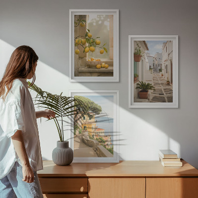 Conjunto de quadros para sala de estar Vista da janela com uma árvore cítrica