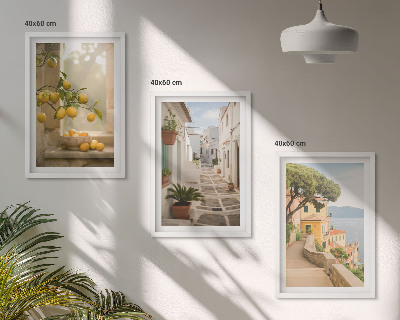 Conjunto de quadros para sala de estar Vista da janela com uma árvore cítrica