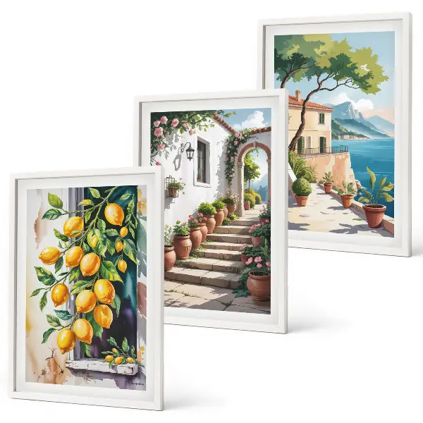 Composição de quadros moderna com limões, flores e vista para o mar