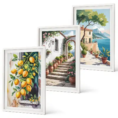 Composição de quadros moderna com limões, flores e vista para o mar