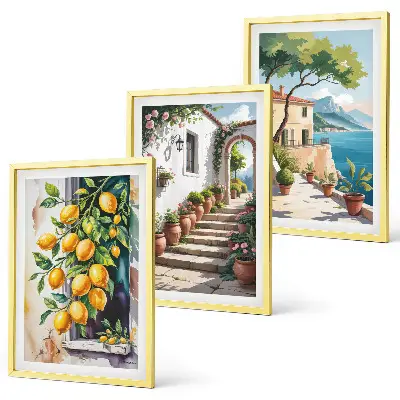 Composição de quadros moderna com limões, flores e vista para o mar