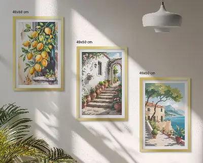 Composição de quadros moderna com limões, flores e vista para o mar