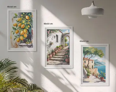 Composição de quadros moderna com limões, flores e vista para o mar