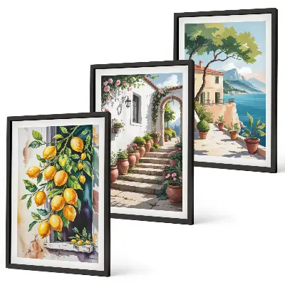 Composição de quadros moderna com limões, flores e vista para o mar
