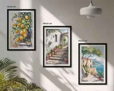 Composição de quadros moderna com limões, flores e vista para o mar