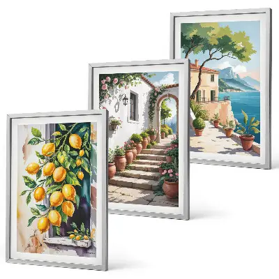 Composição de quadros moderna com limões, flores e vista para o mar