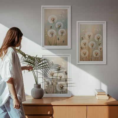 Conjunto de quadros para sala de estar flores de dente-de-leão em tons pastel