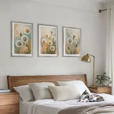 Composição de quadros moderna com flores de dente-de-leão e gramíneas em tons pastel