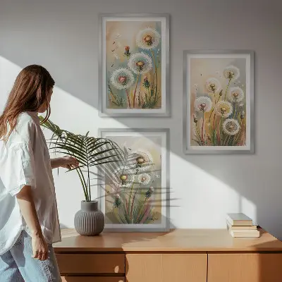 Composição de quadros moderna com flores de dente-de-leão e gramíneas em tons pastel