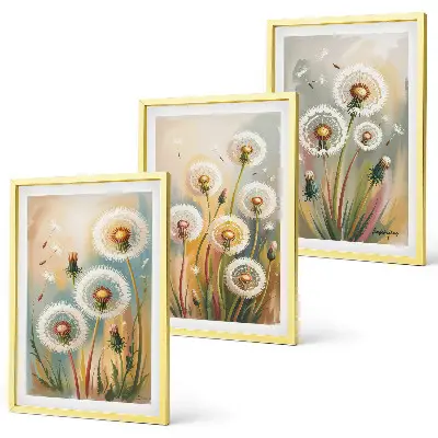Composição de quadros moderna com flores de dente-de-leão e gramíneas em tons pastel