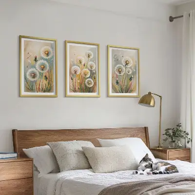 Composição de quadros moderna com flores de dente-de-leão e gramíneas em tons pastel