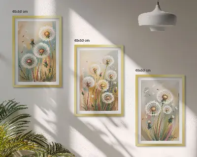 Composição de quadros moderna com flores de dente-de-leão e gramíneas em tons pastel