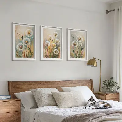 Composição de quadros moderna com flores de dente-de-leão e gramíneas em tons pastel