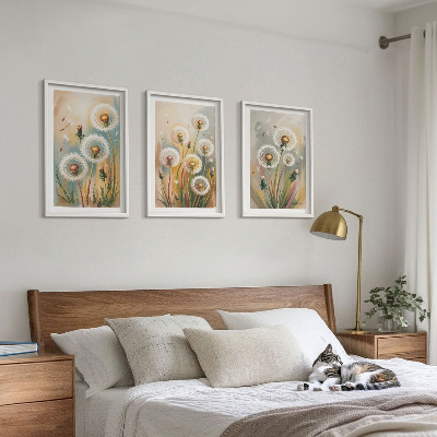 Composição de quadros moderna flores de dente-de-leão gramíneas em tons pastel