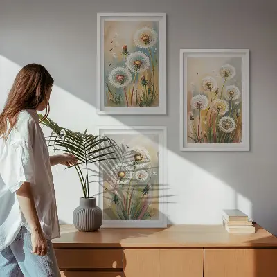 Composição de quadros moderna com flores de dente-de-leão e gramíneas em tons pastel
