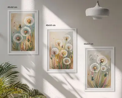 Composição de quadros moderna com flores de dente-de-leão e gramíneas em tons pastel