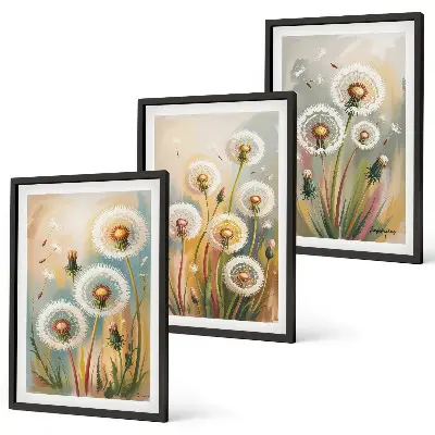 Composição de quadros moderna com flores de dente-de-leão e gramíneas em tons pastel